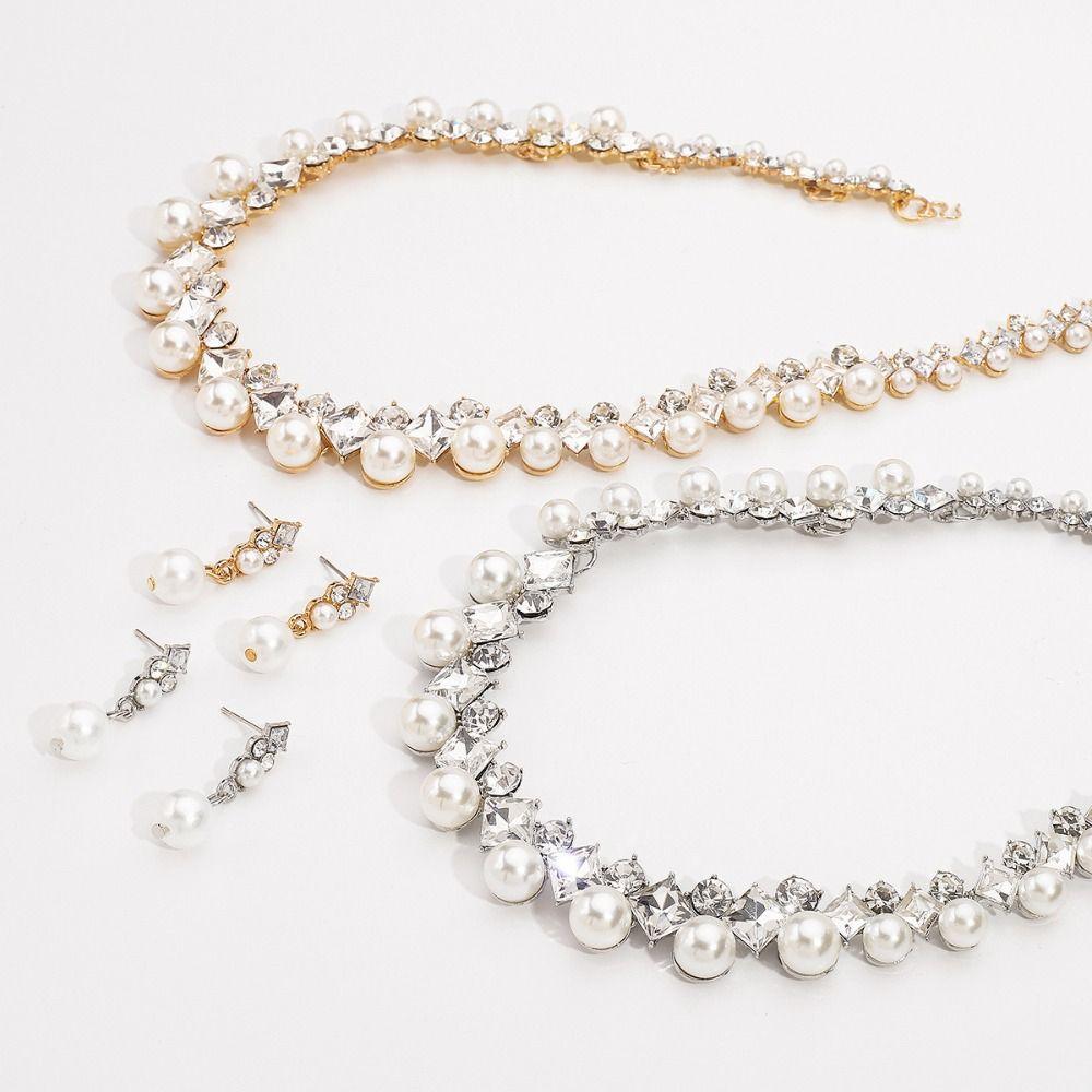 Elegant Pearl Jewelry Set Multi-layer Rhinestone Choker Fashion Pearl Dangle Earrings Daily