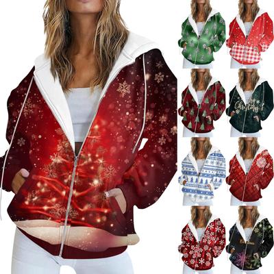 Женская модная повседневная толстовка с рождественским принтом и длинными рукавами, карманная куртка, пальто с капюшоном на молнии