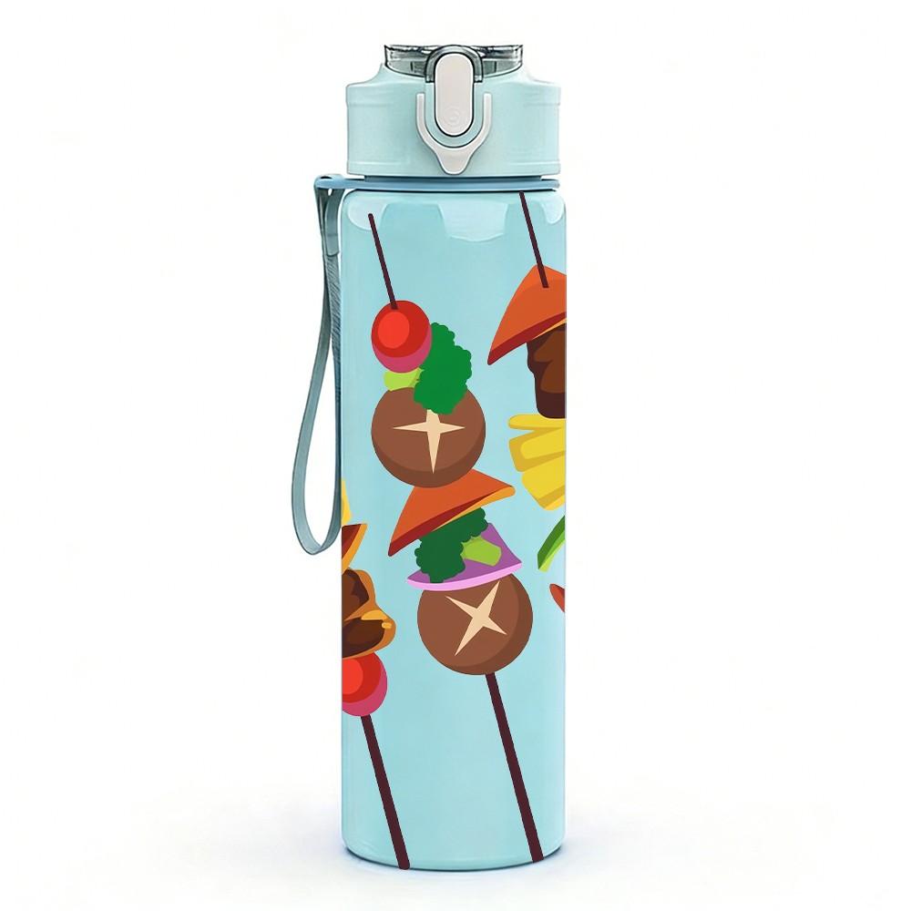 1PC Grilled Meat Kebab Food Cartoon Print 750ml Color Plastic Sports Water Bottle Leakproof Flip Straw Lid Suitable for Sports Office Home Use