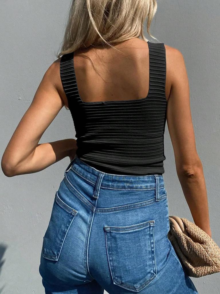 Women's Ribbed Tank Top Square Neck Slim Fit Sleeveless Summer Knit Shirt