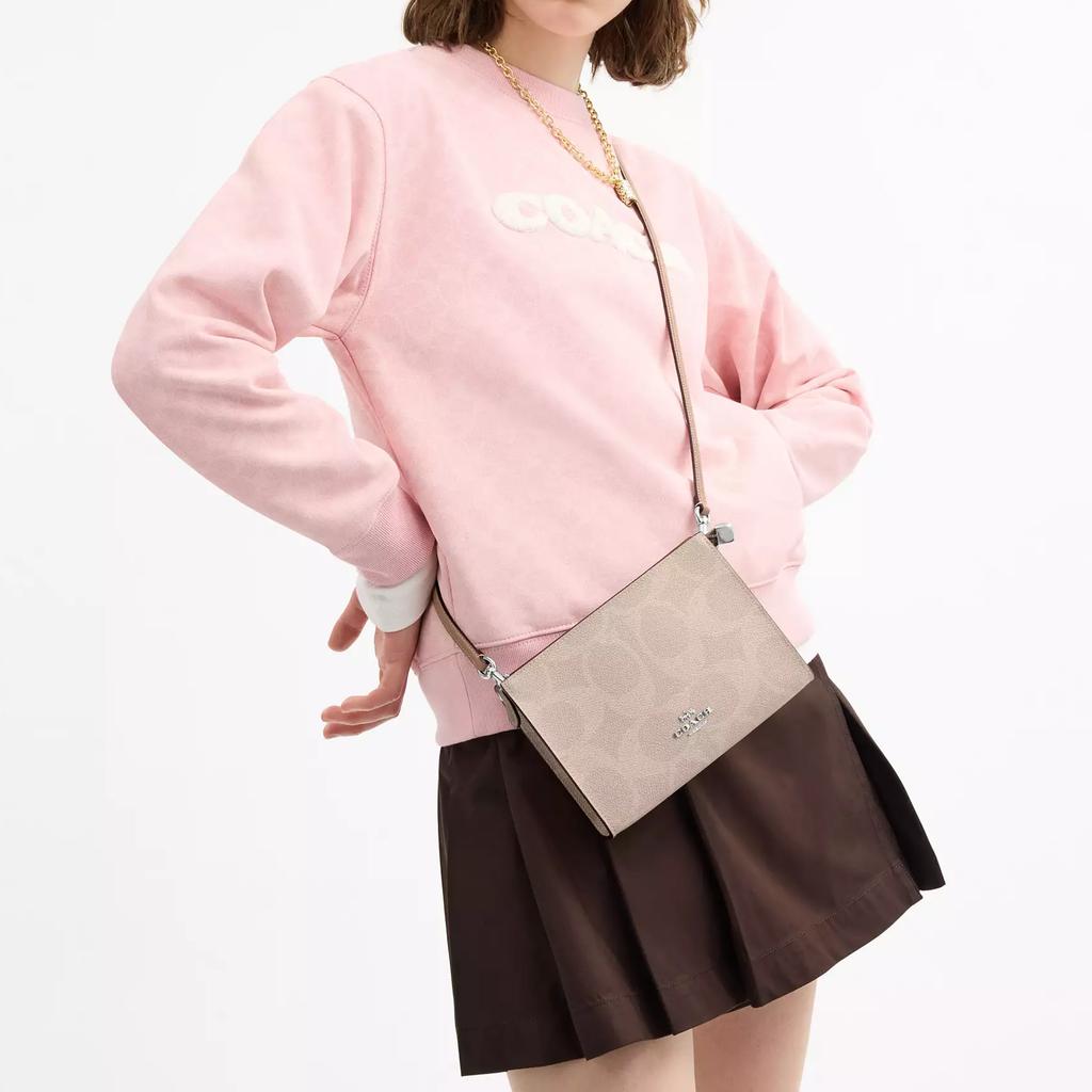 Coach Signature Canvas 20 Тонкая Сумка через плечо на цепочке с узором Color Block из Покрытого холста Маленькие Женские сумки Серебристый Бежевый Коричневый CAR12-SVPWH