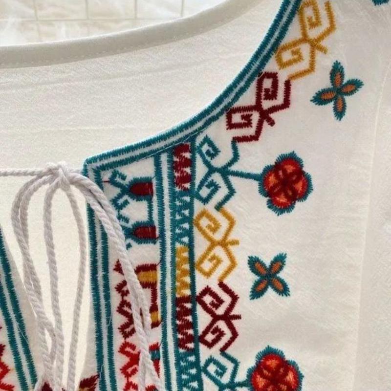 National Style Elegant Beach Vacation Dress Women Embroidery Flower Print Vintage Party Midi Dresses Female Loose Retro Design Casual Clothes