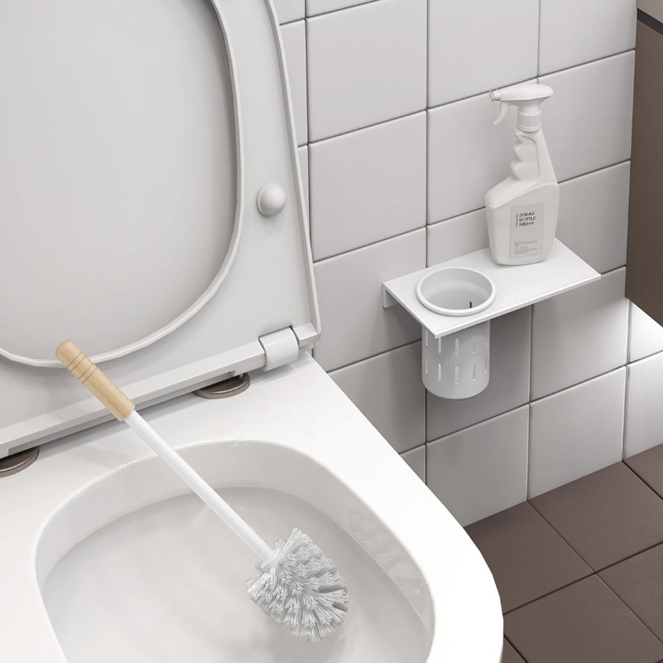 Walnut Toilet Brush Holder Set Wood Handle Wall Mounted Grey Gold Black White Aluminum Cup WC Brush Rack Kit with Storage Shelf