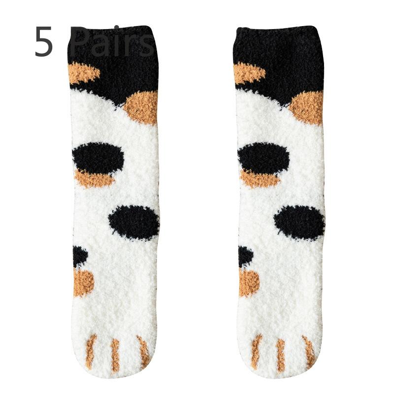 5 Pairs Socks Women Coral Velvet Mid-calf Socks Cat Claw Warm Wool Autumn and Winter Thickened and Padded Sleep Floor Socks Long Moon Socks
