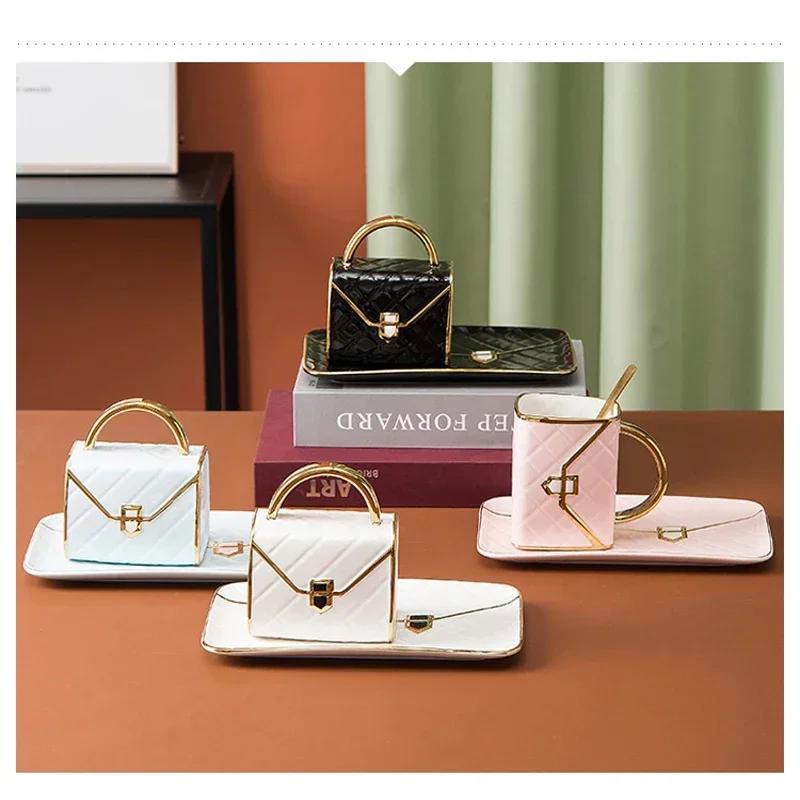 Креативная керамическая сумка в форме кофейной чашки и блюдца с ложкой, золотая ручка, кружка для молока, чая, сока, воды, напитков, чашка для пары, друга, подарок