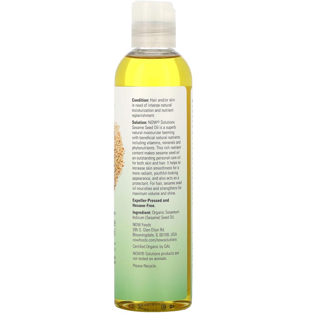 Now Solutions, Сертифицированное органическое кунжутное масло, 237 мл (8 жидких унций)