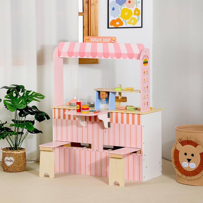Игровой домик Симуляция Розовый Двусторонний Магазин бургеров Симуляция производства еды Продажа Деревянные кухонные игрушки