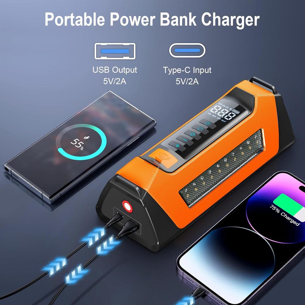 Car Jump Starter with Air Compressor, 800 Lumen LED Light and 180PSI Portable Battery Jump Box,12V Auto Tire Inflator Jumper Starter Combo LCD Display