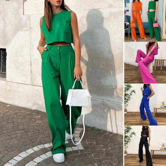 2 шт./компл. повседневный наряд без рукавов с высокой талией и круглым вырезом, однотонный короткий жилет, расклешенные длинные брюки, женская одежда