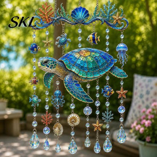 Crystal Bead Hanging Ornament Ocean Animal Acrylic Window Hanging, Stained Glass Style Sea Turtle Whale Dolphin Suncatcher Waterproof Wind Chime with