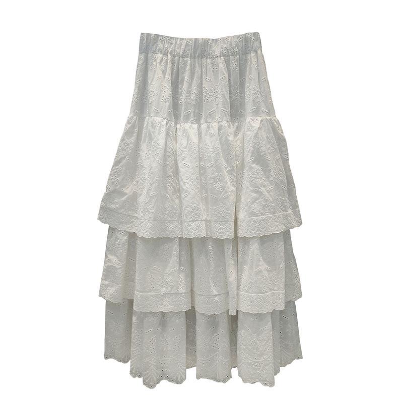 Весна 2024 г. Корейская узкая белая вышитая длинная юбка - французский сладкий стиль с цветочными деталями
