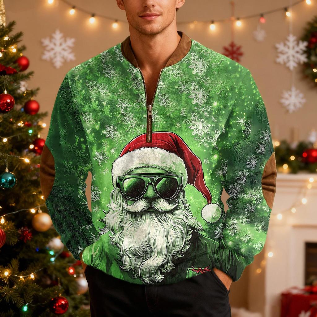 Мужской рождественский свитер на молнии, винтажный вязаный графический свитшот, рождественский пуловер со стойкой