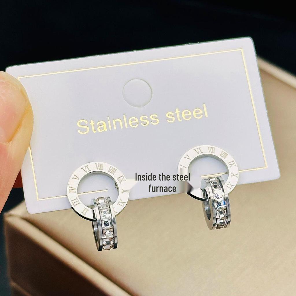 Серьги-пусеты с бриллиантами из титановой стали цвета розового золота и серьги-подвески с двойными кольцами для женщин