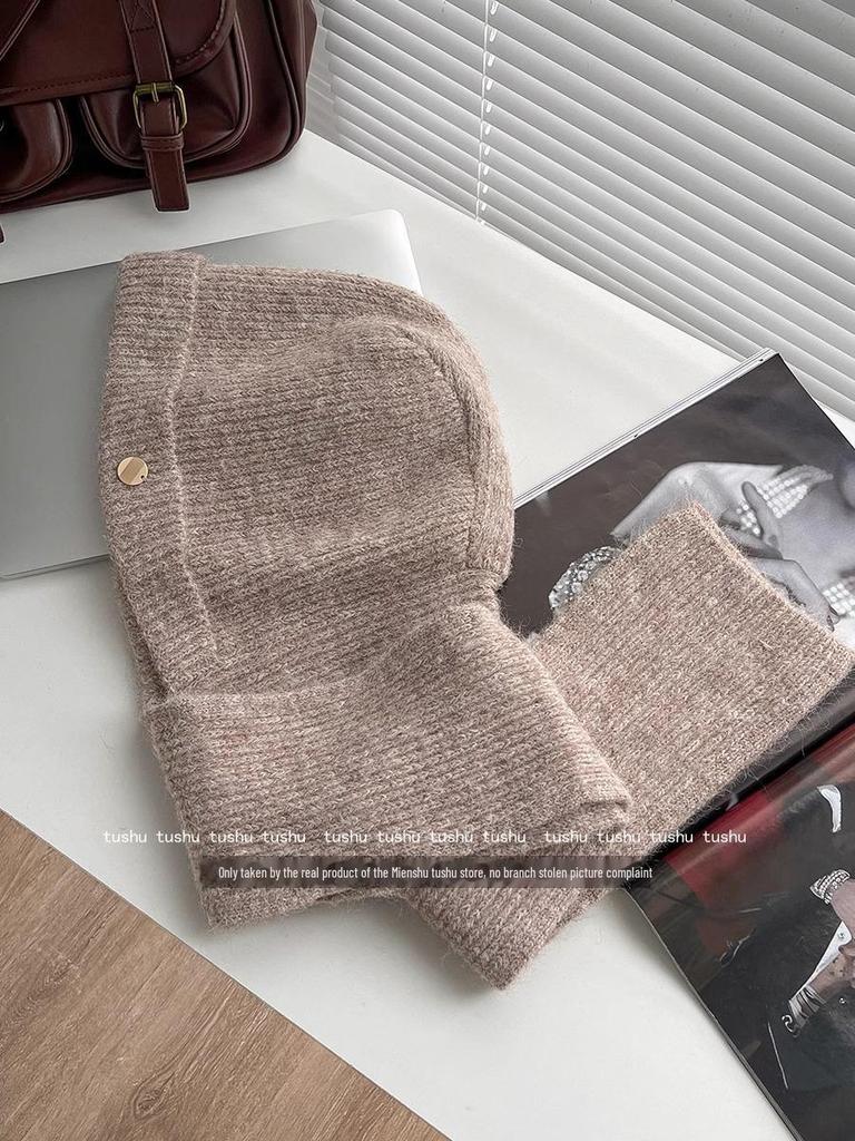 Высококачественная красная шерстяная шапка-балаклава для женщин с защитой ушей и шарфом