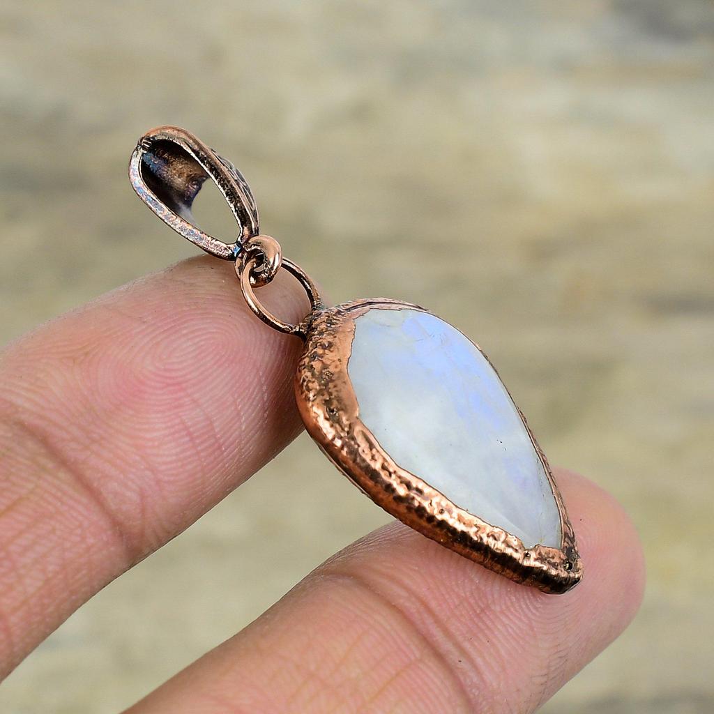 Кулон Rainbow Moonstone, гальванопластический медный кулон, изящный кулон, гальванопластическое ювелирное изделие ручной работы, натуральный драгоценный камень, кулон в подарок для женщин