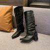 Fashion 2025 New Long-Tube Boots Women's Pointed Toe Block Heel Studded Knight Boots