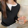 Contrast Color Fake Two-piece Long-sleeved T-shirt for Women In Autumn New Round Neck Top Loose and Versatile Niche Bottoming Shirt