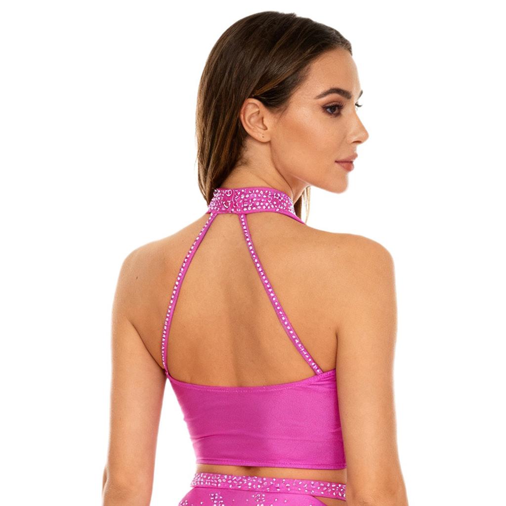 Womens Latin Dance Top Halter Sleeveless Strappy Backless Design Shiny Rhinestones Cross Front Ruched Mesh Crop Top