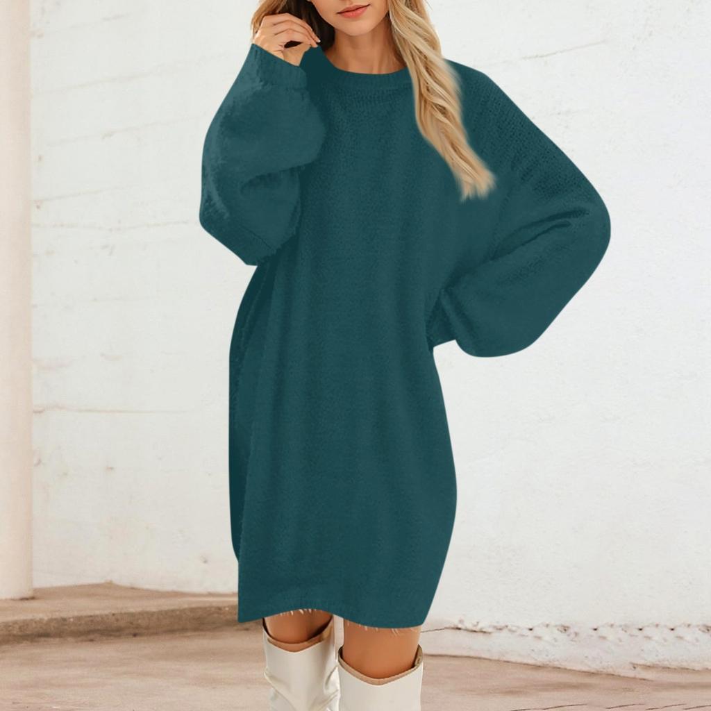 Women's Round Neck Casual Long Sleeve Plush Solid Color Dresses