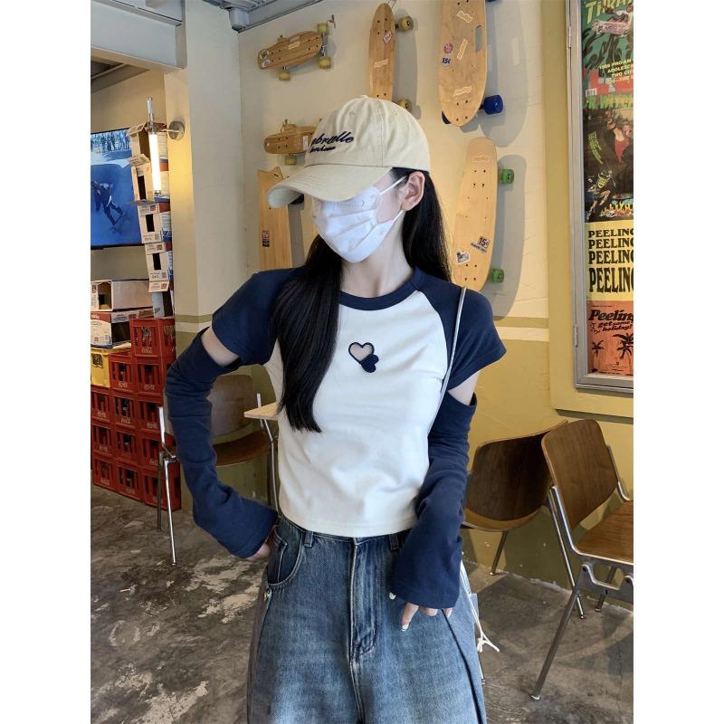 Уникальное чувство дизайна любовь полый топ весна контрастный цвет рукав с разрезом футболка Spice girl универсальная базовая рубашка