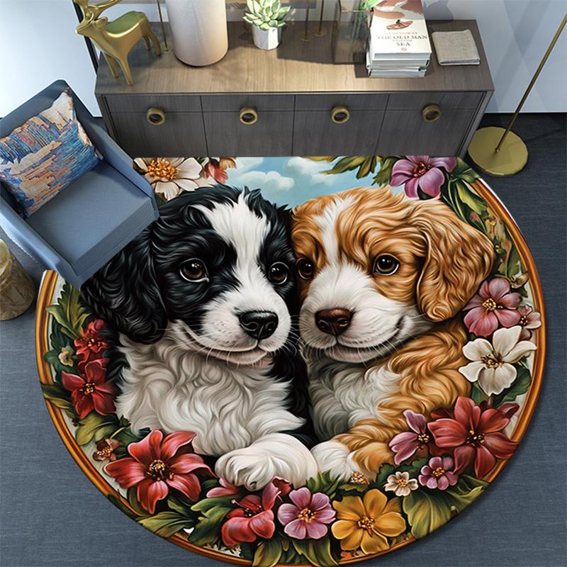 Two Cute Puppies Round Area Rug,Carpet Rug for Living Room Bedroom Sofa Playroom Decor,Non-slip Floor Mat