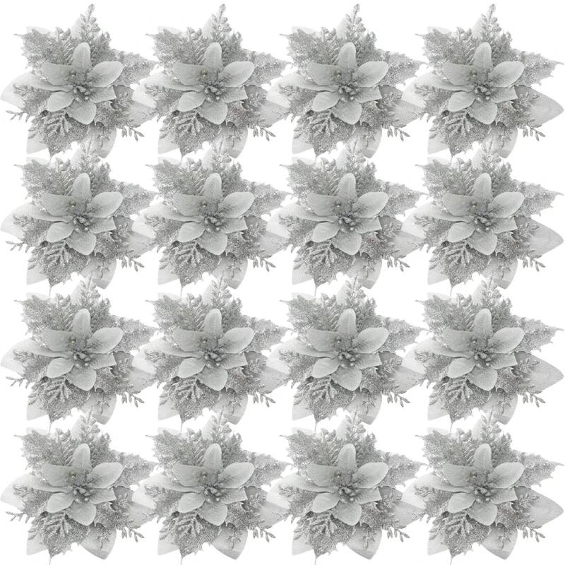 Christmas Red Gold Glitter Flowers Artificial Poinsettia Flower for Xmas Tree Ornaments Navidad New Year Party Home Decoration