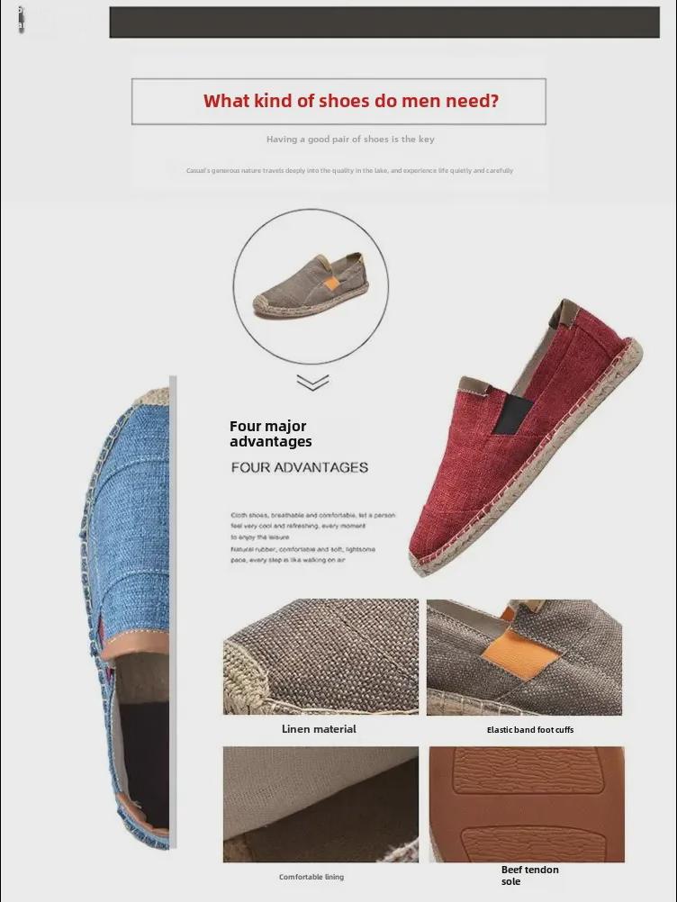 Men's Casual Linen Espadrille Fisherman Canvas Shoes, Large Size, Handmade.