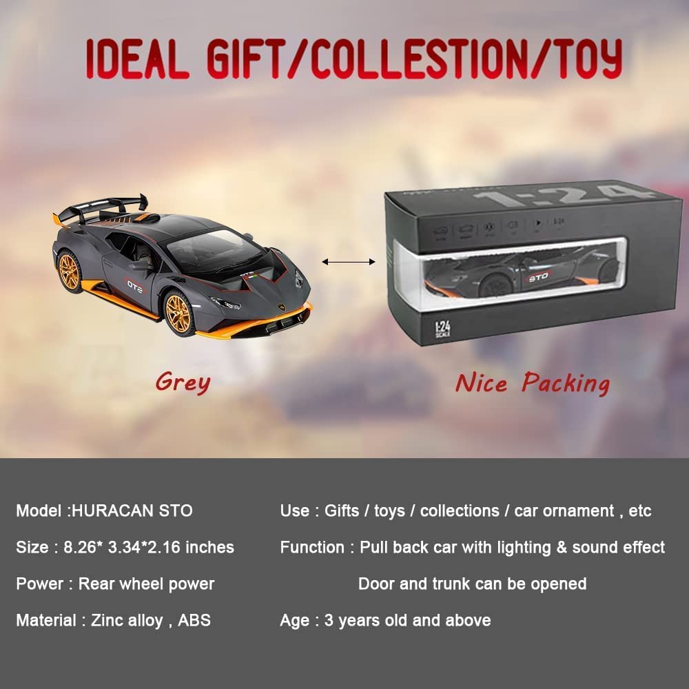 1:24-масштабная литая под давлением модель автомобиля из сплава для Lambo Huracan STO 2021, модель автомобиля с откатным механизмом, игрушечные автомобили со светом и звуком для коллекции для детей и взрослых