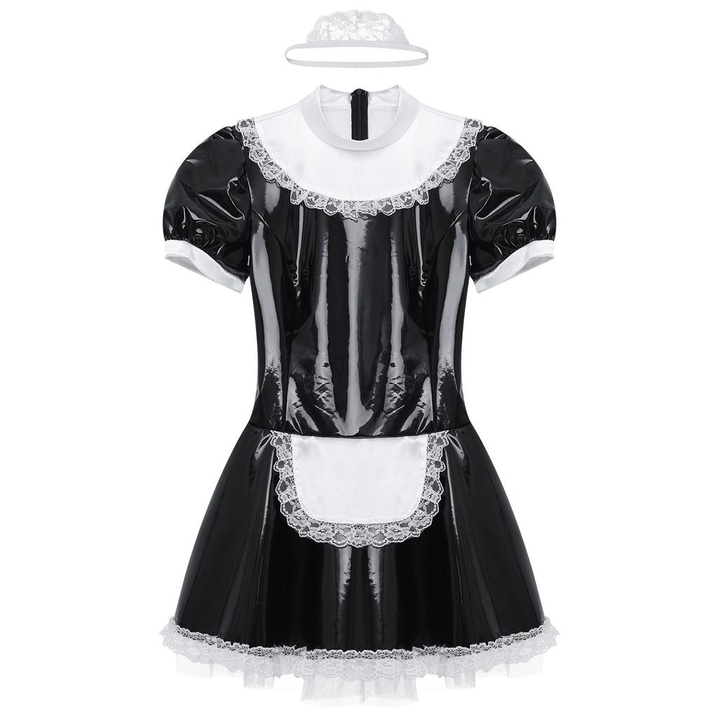 Женское глянцевое лакированное кожаное платье горничной с кружевной повязкой на голову и оборками, кружевной фартук, платье трапециевидной формы с пышными рукавами