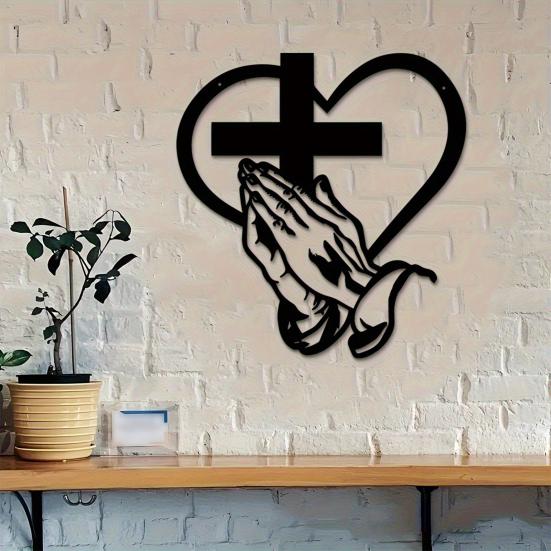 Praying Hands Wall Sign Christian Heart Metal Wall Art Sign Black Finish Religious Decorative