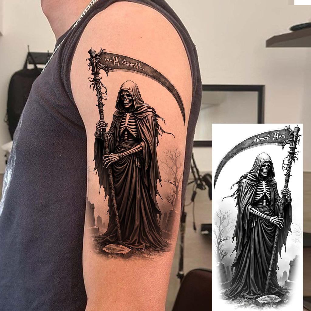 1 Sheet Scary Grim Reaper Skull Temporary Tattoos Halloween Tatoos Long Lasting Waterproof Tiger Wolf Beast Fake Tattoo Stickers