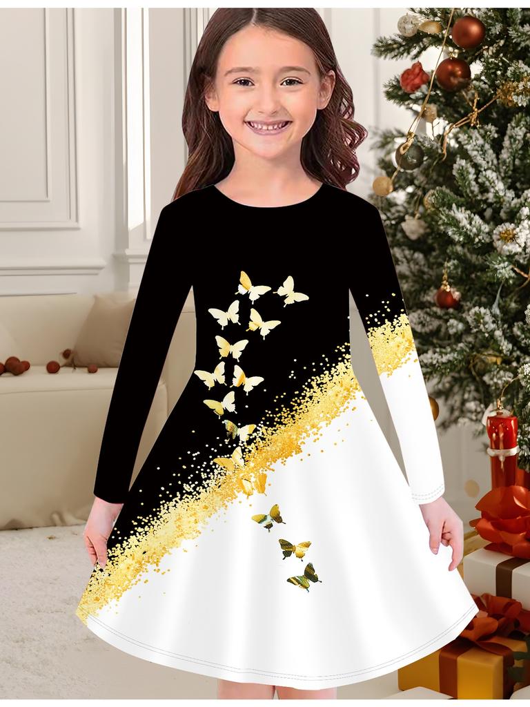 Girls' Autumn and Winter Fashion Dress, 3D Butterfly Print Round Neck Long Children's T-shirt Dress, Casual Versatile, Christmas Clothing