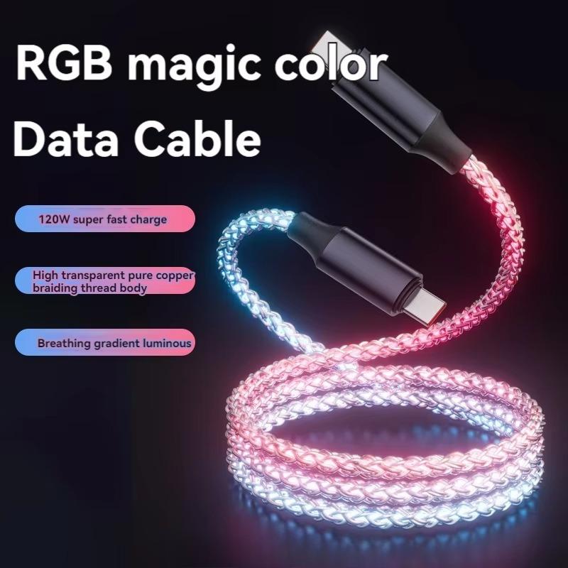 120 Вт Светящийся RGB USB A на Type-C Кабель для зарядки и синхронизации данных USB для 17 16 Pro Huawei Samsung Oppo Vivo