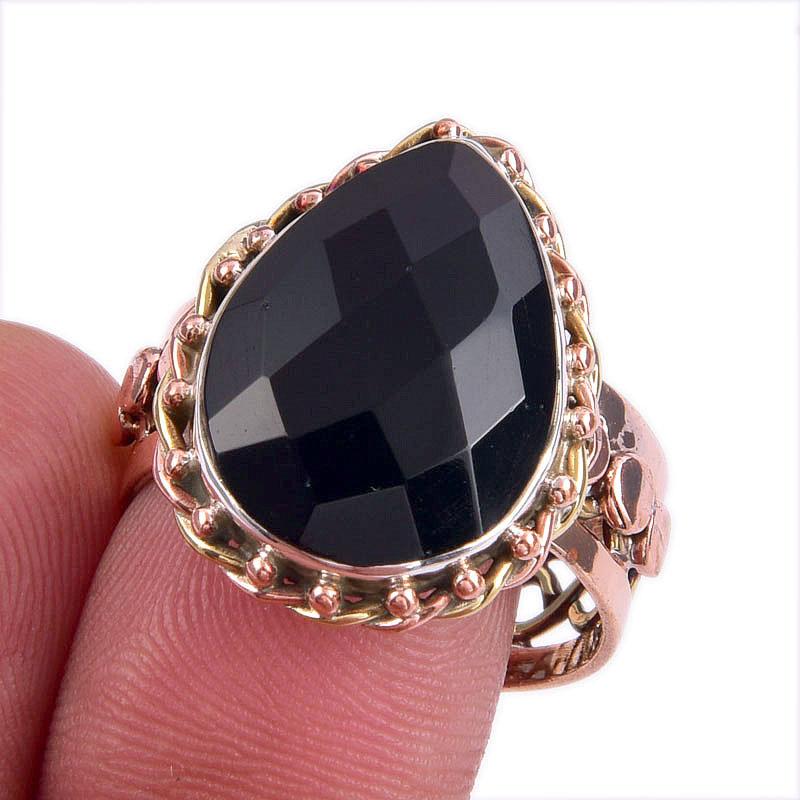 Натуральный черный оникс драгоценный камень двухцветное серебро 925 пробы ювелирное кольцо S.9.5 U8i86