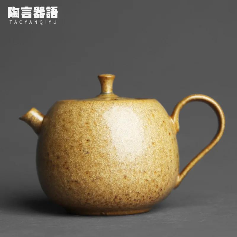 Chinese Style Retro Stoneware Persimmon Shape Hand-held Teapot, Handmade Pottery Kiln, Personalized Tea Maker