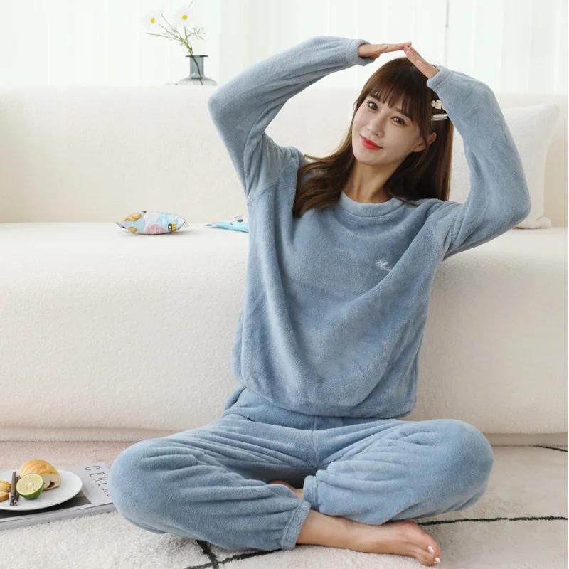 Утепленная пижама из кораллового флиса с подкладкой, новая ночная рубашка для женщин, осенне-зимний теплый комплект из двух предметов для сна, домашняя одежда