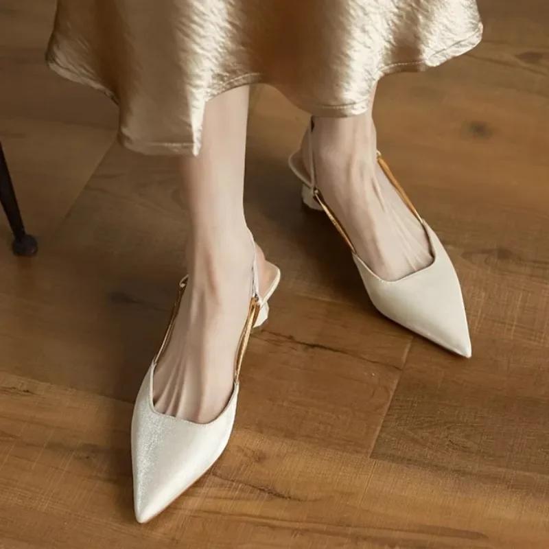 Мода 2024 Летние женские босоножки Элегантные заостренные офисные босоножки на низком каблуке Женские брендовые дизайнерские роскошные универсальные Zapatillas Mujer