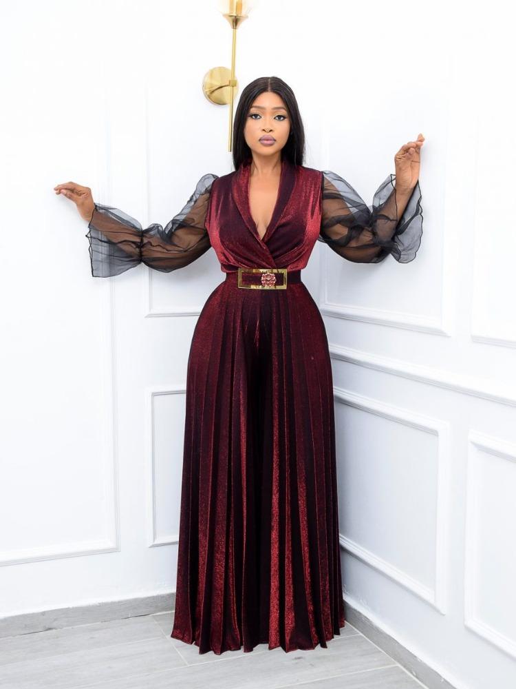 Женские бархатные комбинезоны больших размеров, прозрачные плиссированные широкие брюки с длинными рукавами, цельная одежда, винтажные элегантные вечерние комбинезоны