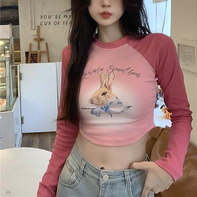 Kawaii розовый кролик с принтом, укороченные футболки, женские Harajuku, милые топы с графическим рисунком, уличная одежда, винтажные сексуальные футболки с длинными рукавами