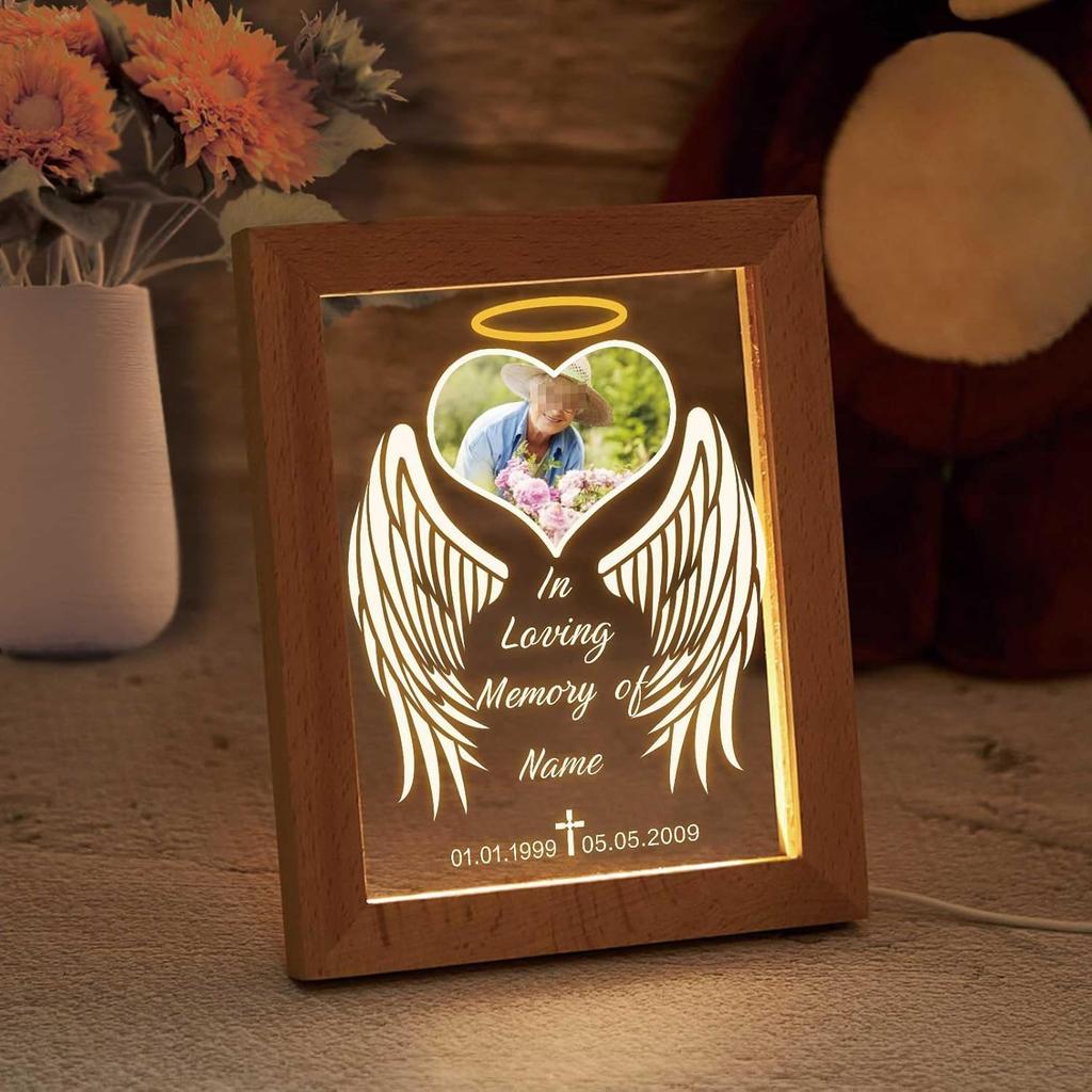 Индивидуальный памятный ночной светильник с фоторамками Персонализированная акриловая табличка Подарок на сочувствие в связи с утратой с фотографией Имя Дата для утраты любви(S-Сердце