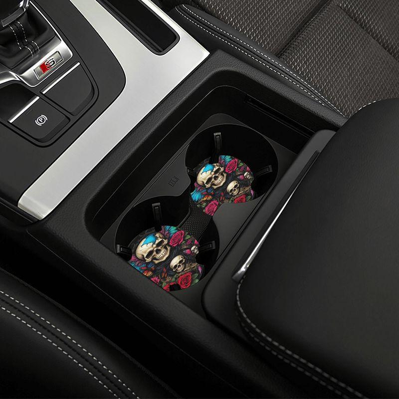 3Pcs/Set Colored Skull Print Interior Set Car Accessories Includes 1Pc Steering Wheel Cover and 2Pcs Car Cup Coasters