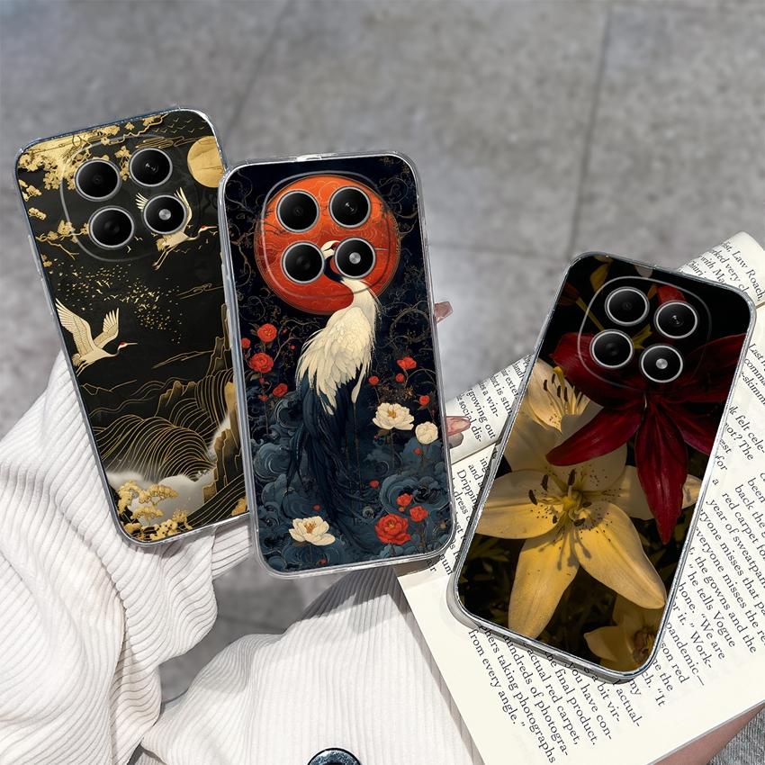 For Redmi Note 15 14 13 Pro Plus 5 5A 4 4X Phone Case Chinese Style Red-Crowned Crane Patterns Transparent TPU Shockproof Casing For Redmi Soft Covers