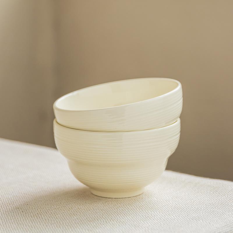 Cream Threaded Rice Bowl Ceramic Rice Bowl Small Bowl Household Minimalist Tableware Solid Color Bowl Restaurant Dessert Bowl