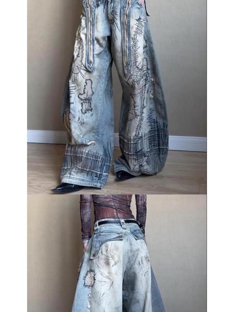 Women's Plus Size Retro Knife-Design Wide-Leg Jeans: Washed, Stained, Curved, Draping Long Pants