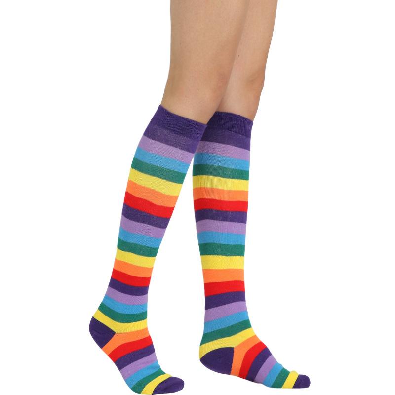 Забавные женские носки, длинные хлопковые полосатые радужные носки, модные красочные чулки до бедра, скейтбораб для девочек в стиле хип-хоп, гольфы выше колена