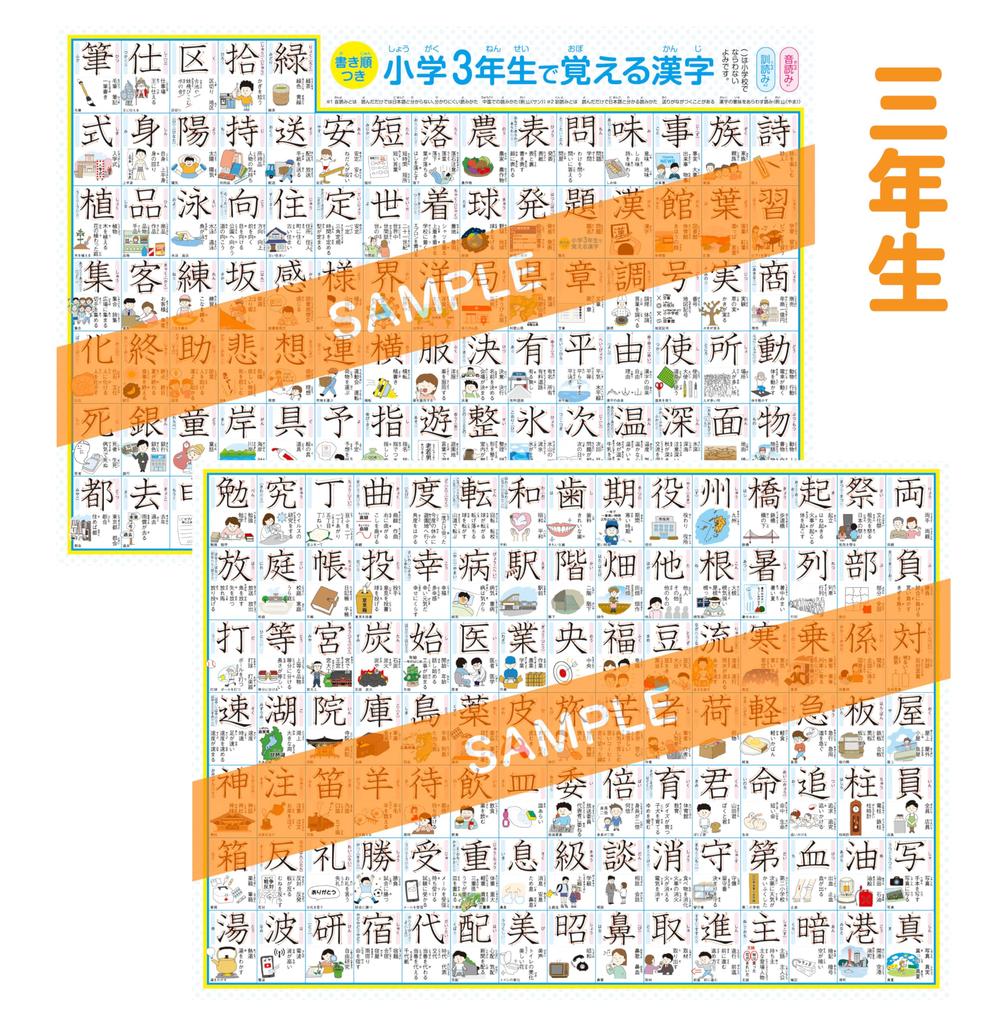 Таблица Dokodemo Gakushukan Kanji для учеников 3-го класса начальной школы Плакат для ванной для учеников 3-го класса А3 Бумага Yupo в наборе А4 из 6 листов