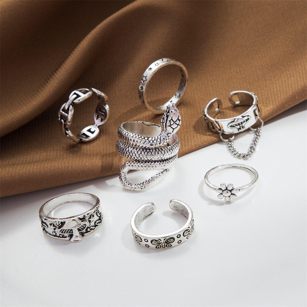 17KM Винтажный серебряный цвет, змея, бабочка, цветок, гриб, звезда, луна, набор колец для женщин и мужчин, готические кольца, модные ювелирные изделия, подарки