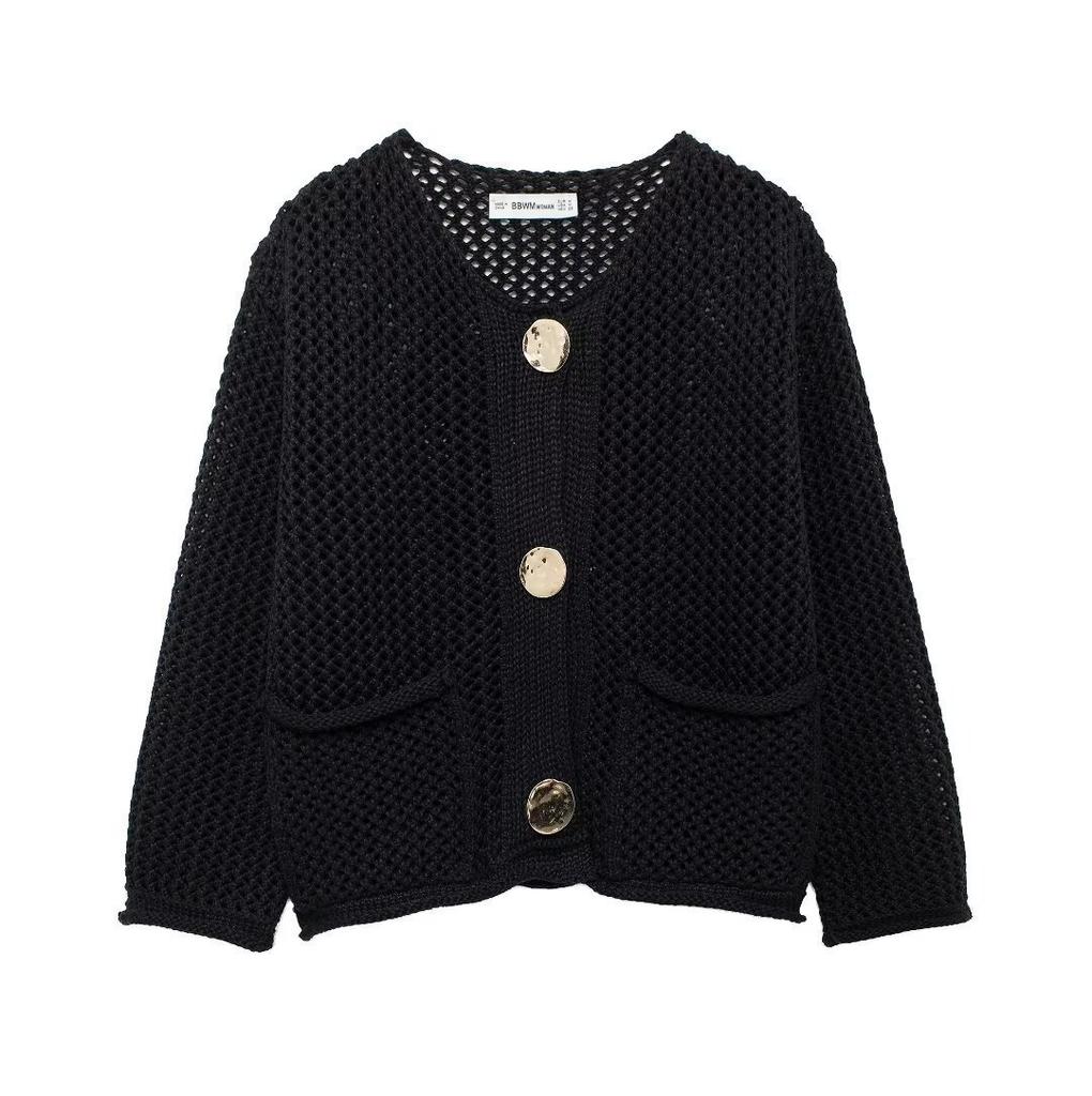 Women's Solid Color Single-breasted Knitted Cardigan Women's Double Pocket Crew Neck Long Sleeve Coarse Needle Sweater Jacket Women's