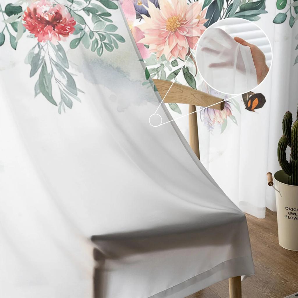 Watercolor Leaves Plants Flowers Butterflies Tulle Voile Curtains for Bedroom Living Room Window Curtain Sheer Organza Drapes