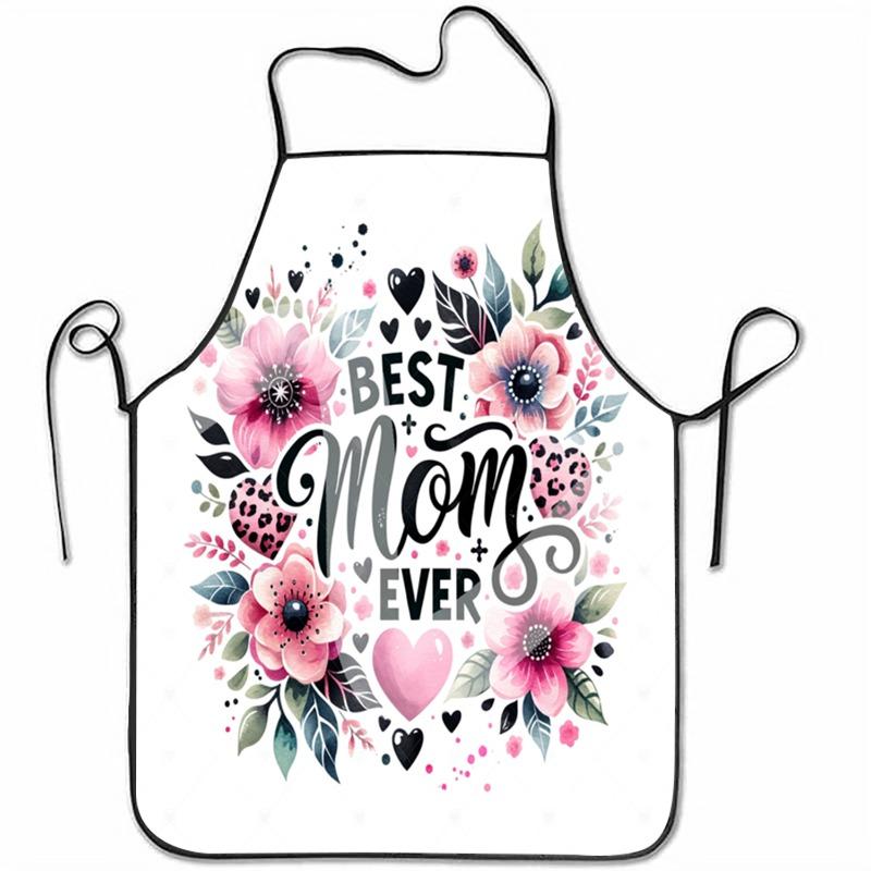 1pc Mother's Day "Best Mom Ever" Floral Print Polyester Apron - White with Pink & Peach Flowers, Heart Designs